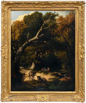 Appraisal: Jean-Thomas Tuite painting woodland landscape with figures camping and donkeys