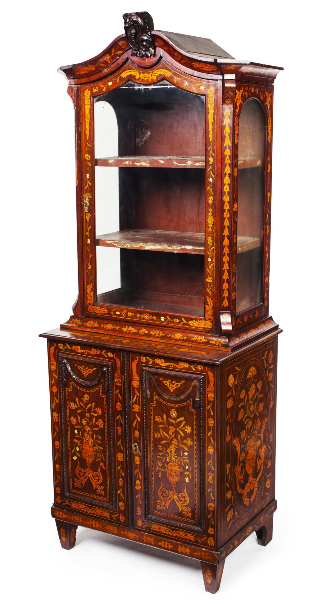 Appraisal: DUTCH WALNUT AND MARQUETRY DISPLAY CABINET TH CENTURY the arched