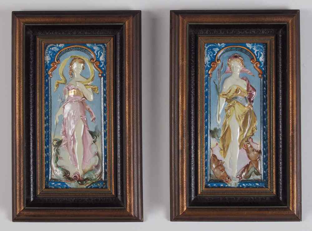 Appraisal: TWO MONTEREAU FRENCH BAS RELIEF TILES Images of classically robed