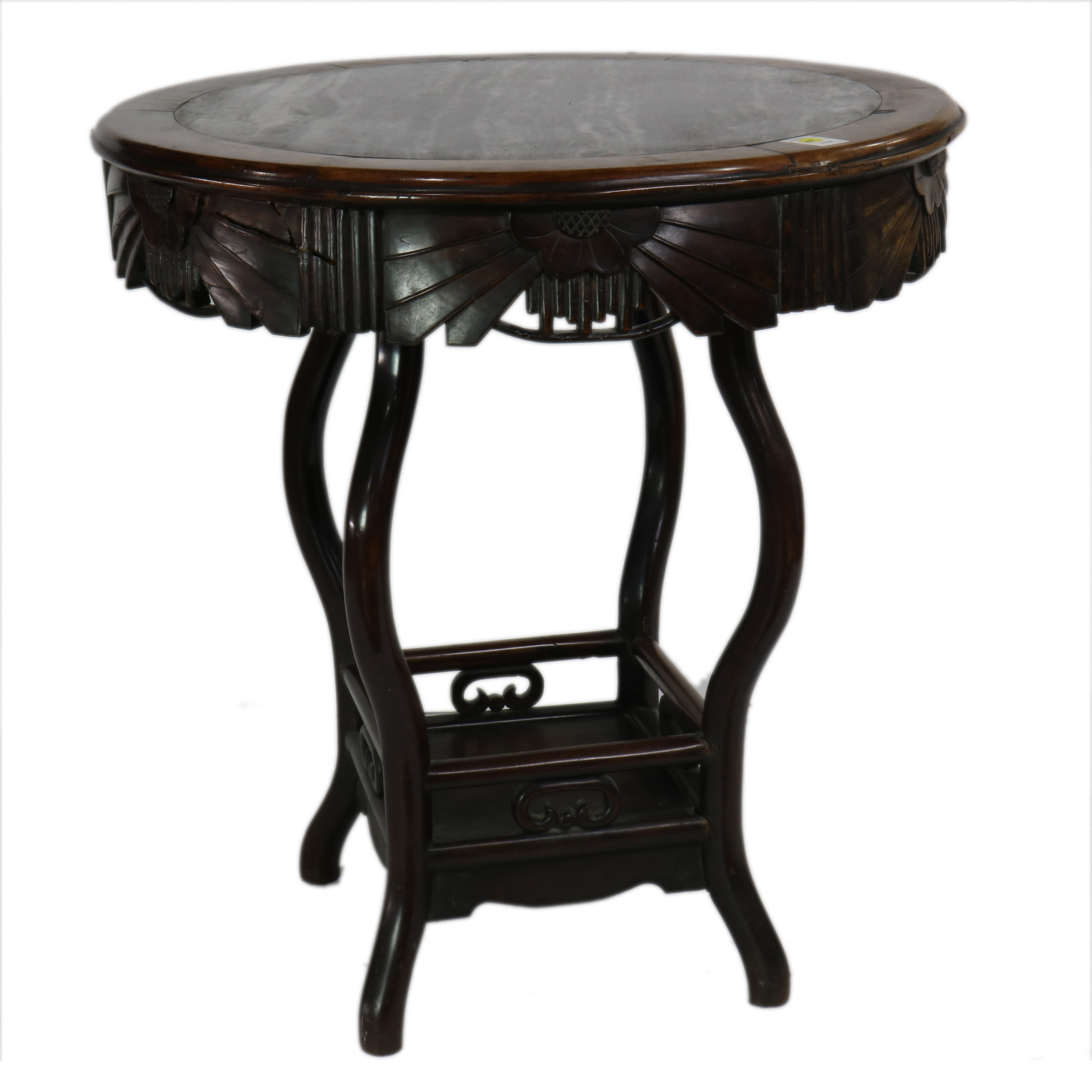 Appraisal: CHINEE HARDWOOD CIRCULAR TABLE WITH MARBLE TOP Chinee hardwood circular