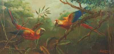 Appraisal: Renato Cataldi Brazilian th Century Parrots Oil on masonite signed