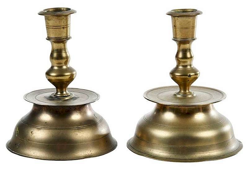 Appraisal: Rare Near Pair Early Brass European Candlesticks Northern European possibly