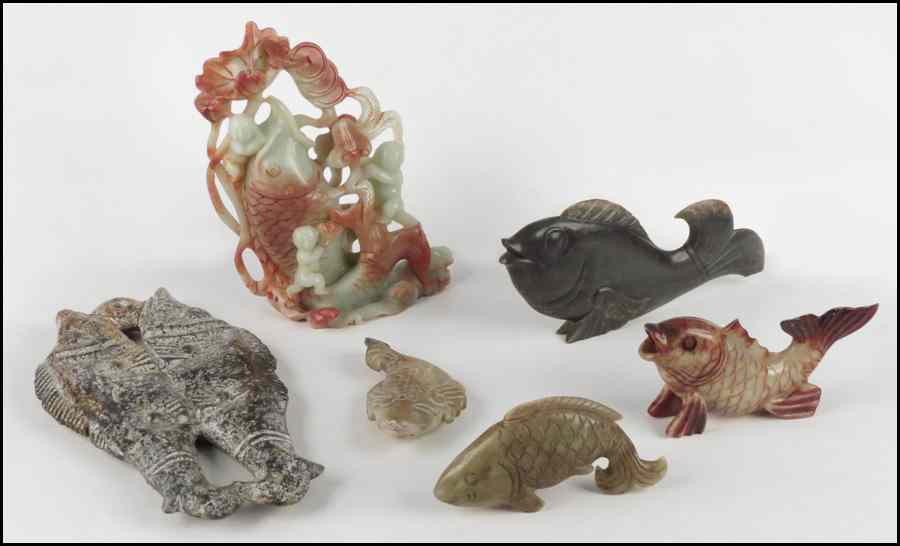 Appraisal: CHINESE CARVED SOAPSTONE COY FISH WITH CHILDREN Together with five