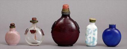 Appraisal: FIVE PEKING GLASS SNUFF BOTTLES Comprising one red with tiao