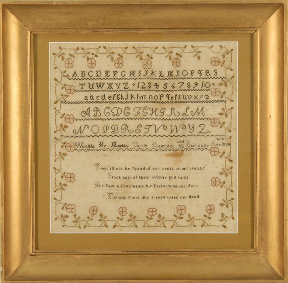 Appraisal: FRAMED NEEDLEWORK SAMPLER Early th CenturyWrought By Martha Tuttle Ramsdell