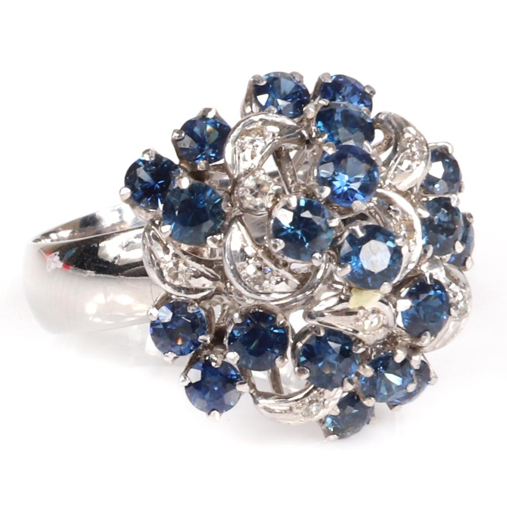 Appraisal: SAPPHIRE AND DIAMOND K WHITE GOLD RETRO BALLERINA CLUSTER RING