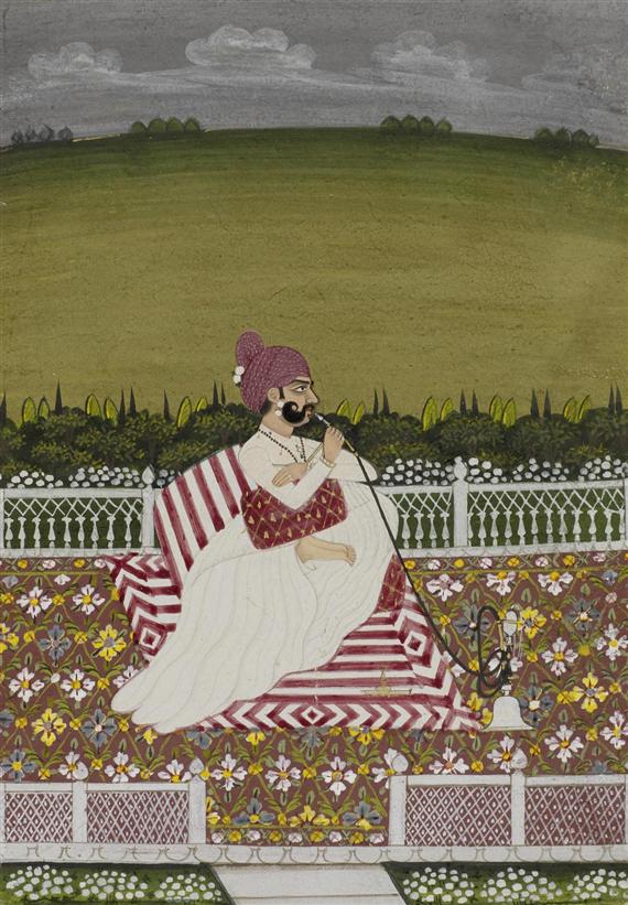 Appraisal: A MINIATURE PAINTING OF A RAJA SMOKING HOOKAH ON A