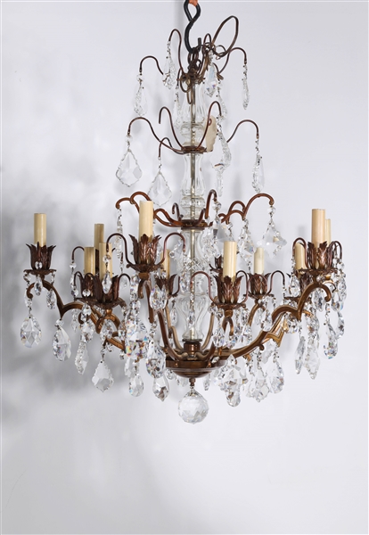 Appraisal: Four-tier chandelier with crystal droplets french candelights gold finish