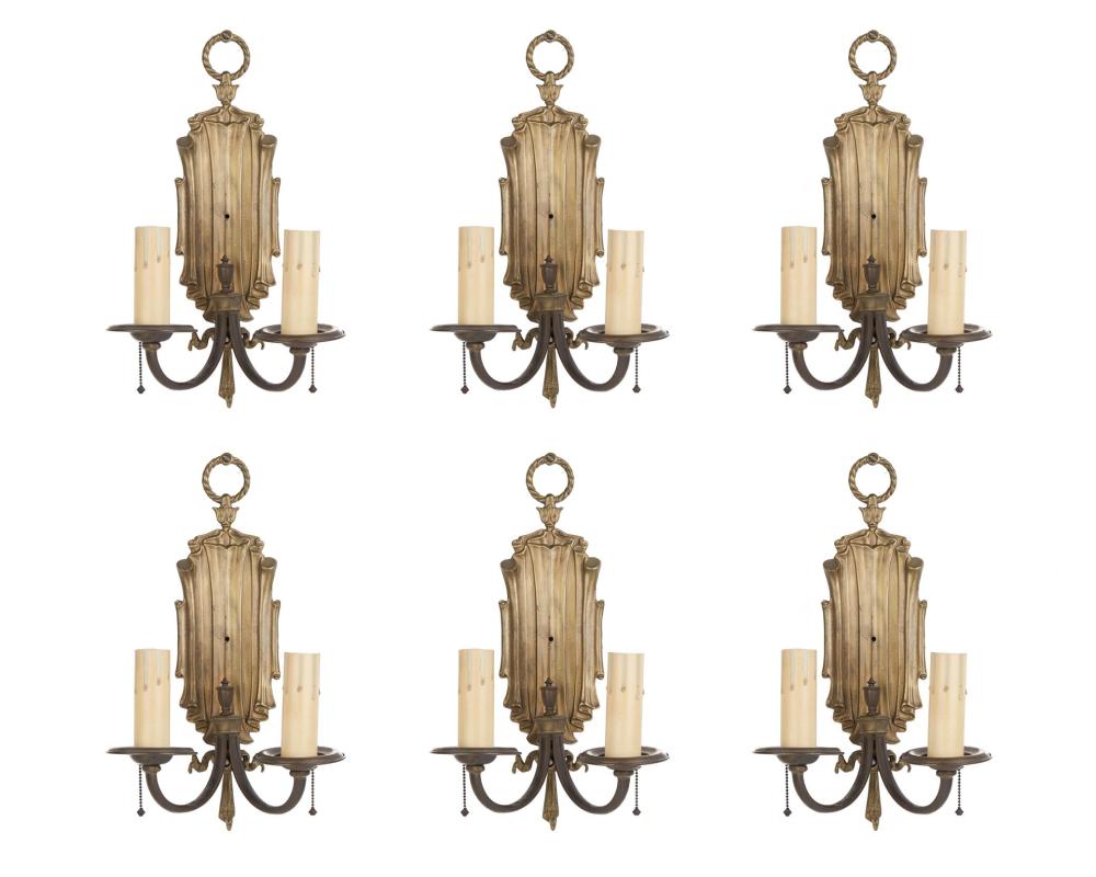 Appraisal: Six linenfold-style cast brass wall sconces First-quarter th Century Each