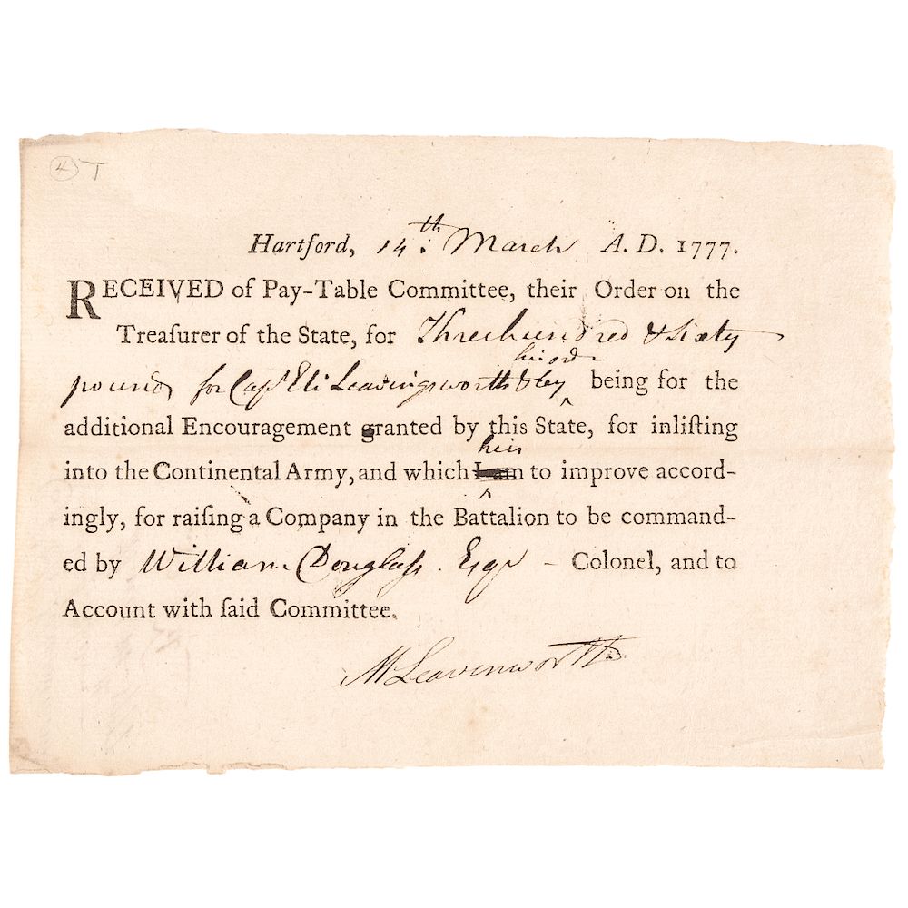 Appraisal: Revolutionary War Pay Bonus Document for SPY Capt ELI LEAVENWORTH