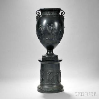 Appraisal: Wedgwood Black Basalt Vase and Pedestal Base England th century