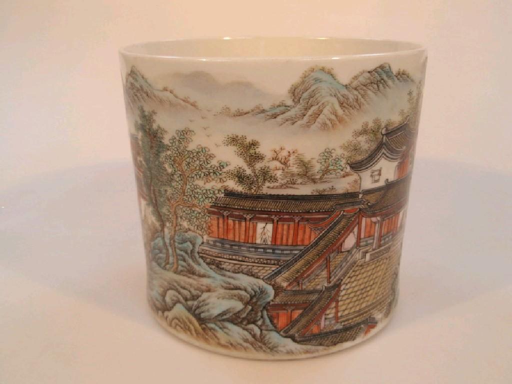 Appraisal: An early thC Chinese large circular brush pot painted in