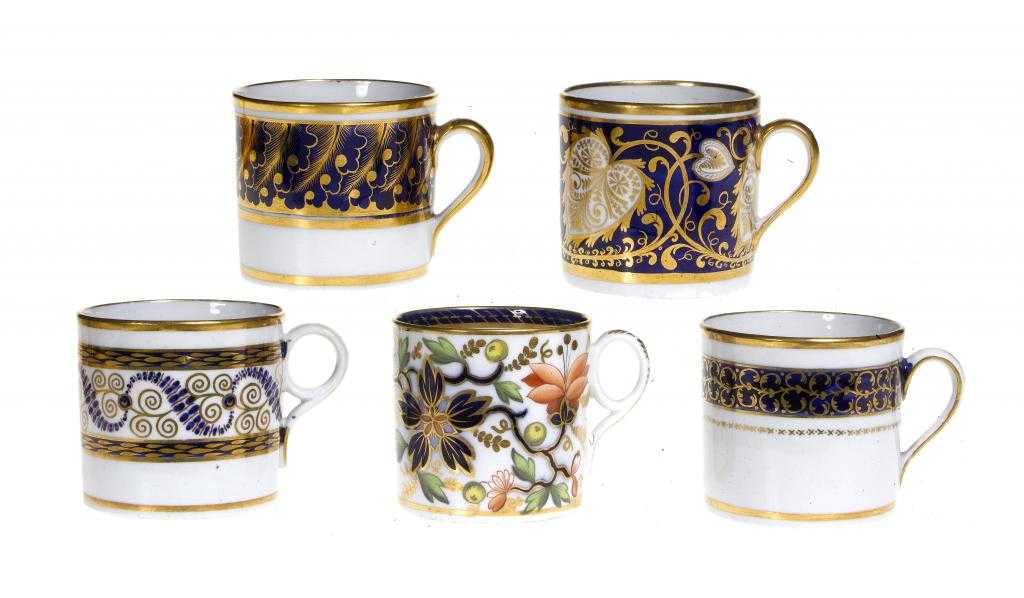 Appraisal: FIVE NEW HALL COFFEE CANS in Japan blue and gilt