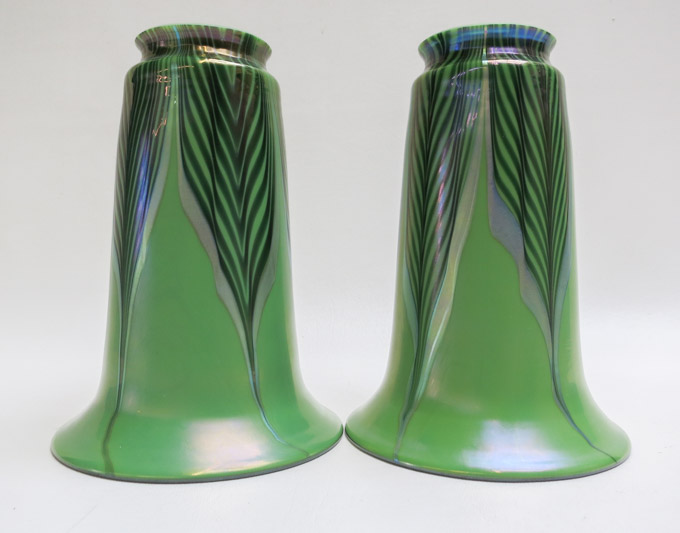 Appraisal: PAIR LUNDBERG ART GLASS SHADES trumpet form with pulled feather