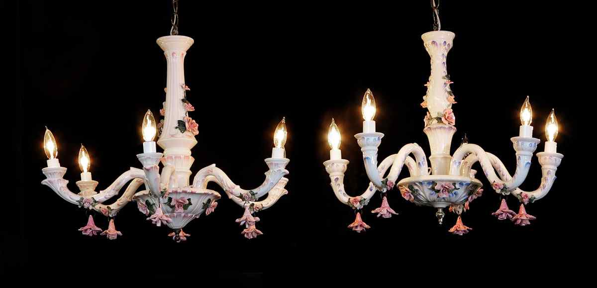 Appraisal: TWO PORCELAIN CHANDELIERS Dangling pink roses and handpainted details each