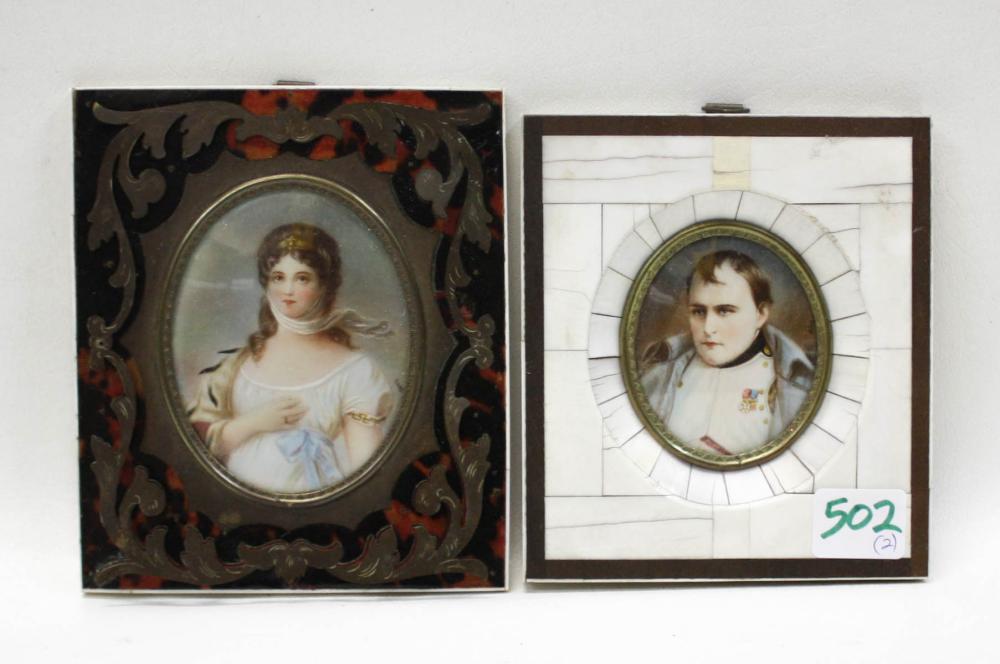 Appraisal: TWO MINIATURE OVAL PORTRAITS paintings over prints Napoleon of France