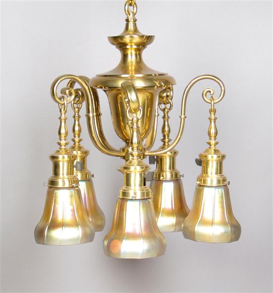 Appraisal: A Steuben Aurene and Brass Five-Light Fixture Height of shades