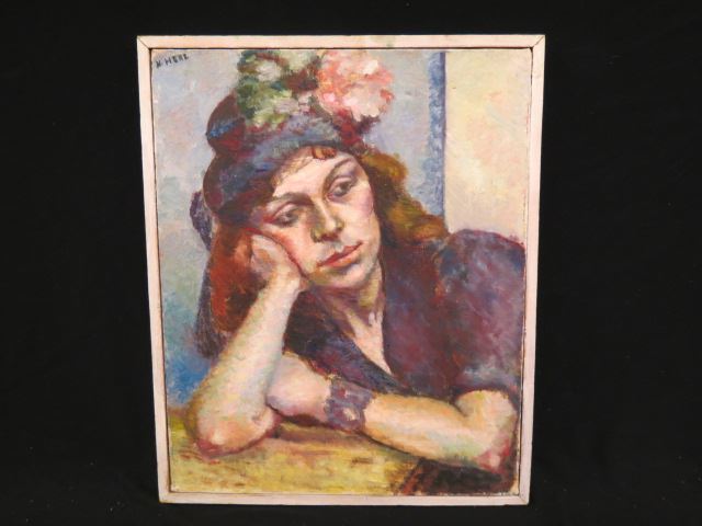 Appraisal: N Herz oil impressionist lady resting on her elbow X