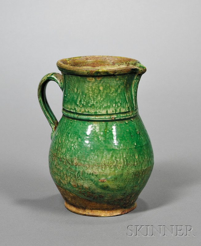 Appraisal: Green Glazed Redware Pitcher possibly Shenandoah Valley area late th