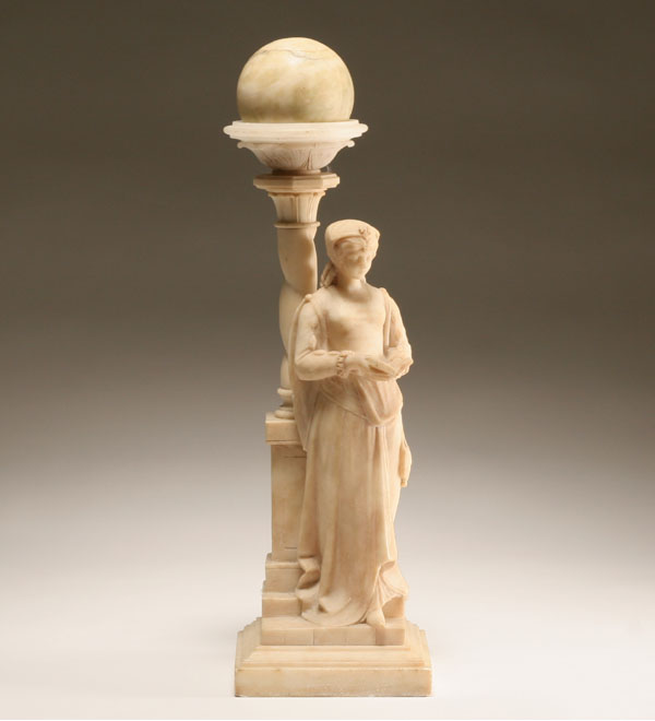 Appraisal: French figural marble lamp medieval maiden reads beneath spiral column