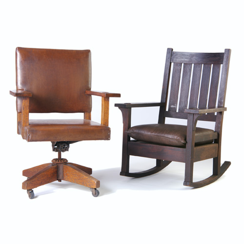 Appraisal: GUSTAV STICKLEY Two chairs Rocker with five vertical backslats and