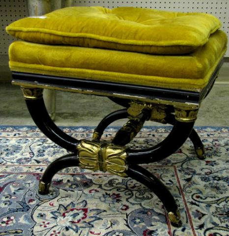 Appraisal: Period style upholstered bench black and gold painted stretcher base