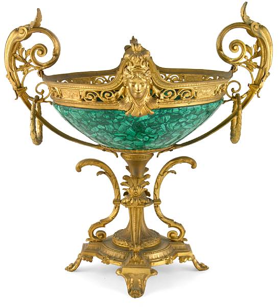 Appraisal: A Continental gilt bronze mounted malachite veneered centerpiece bowl th