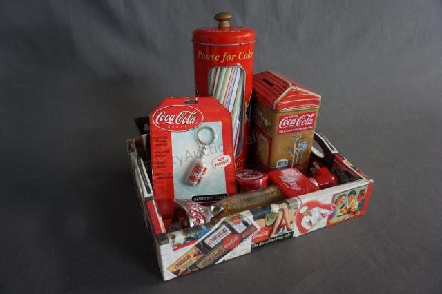 Appraisal: Coke Ad Decoupage Tray with Coke Collectibles Small wooden tray