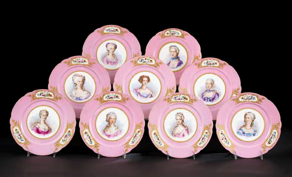 Appraisal: Nine-Piece French Rose Pompadour Porcelain Partial Dessert Service for Eight