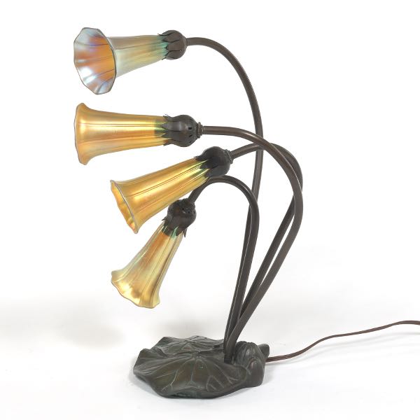 Appraisal: TIFFANY STYLE LILY FOUR LIGHT LAMP x x Cast bronze