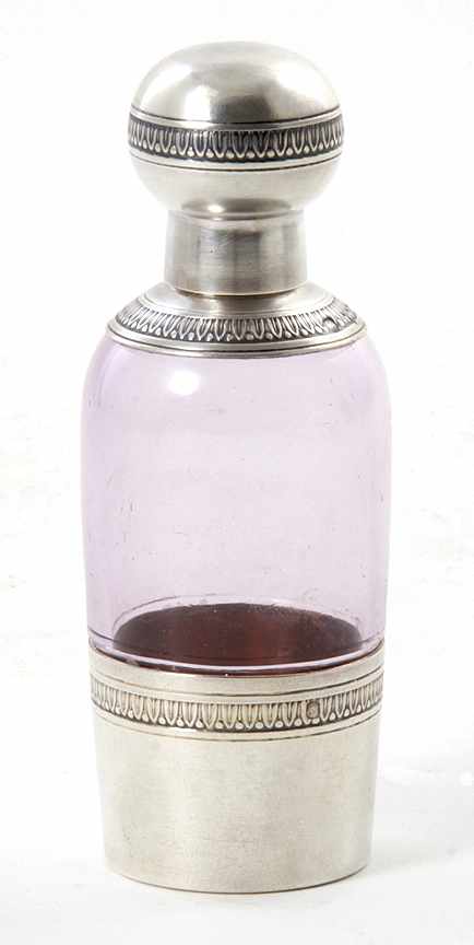 Appraisal: French silver-mounted glass perfume bottle th century rose-color glass bottle