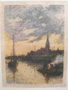 Appraisal: A framed lithograph of a church by the coast indistinctly