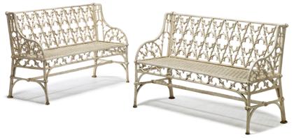 Appraisal: Pair of white painted cast-iron Gothic Revival garden benches th