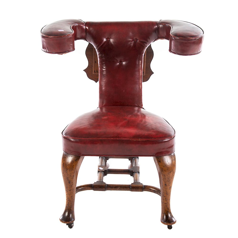 Appraisal: Victorian Red Leather Cock Fighting Chair th century button-upholstered back