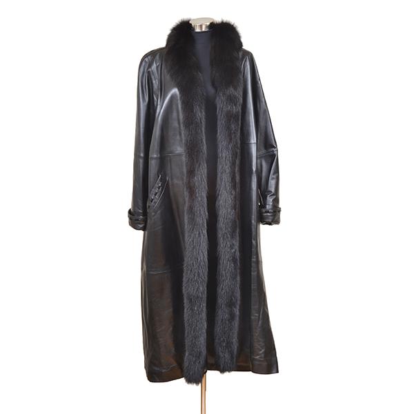 Appraisal: A FULL LENGTH BLACK LEATHER AND FOX FUR TRIM COAT