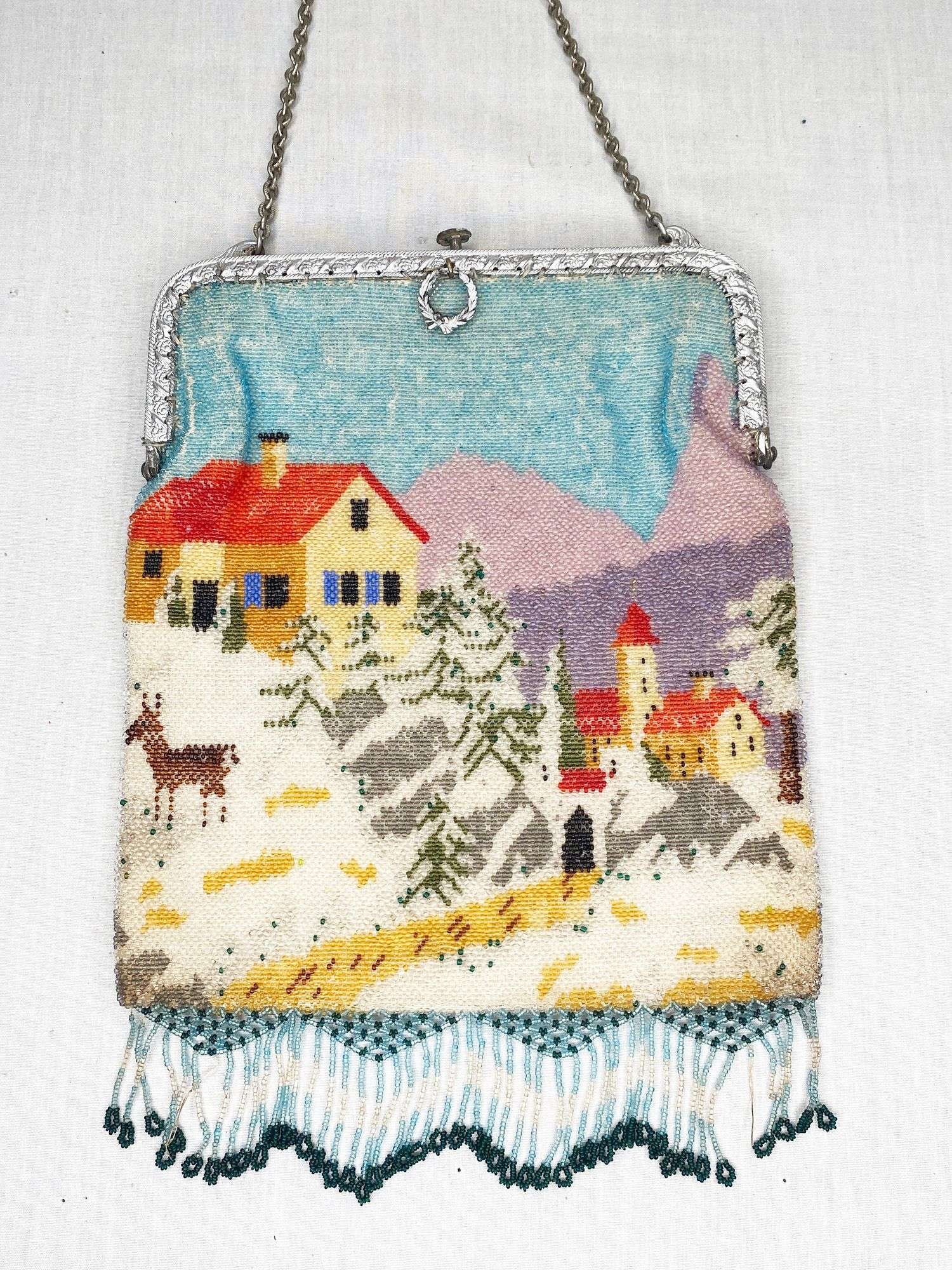 Appraisal: Micro Beaded Hand Bag with Winter Scene long wide Condition