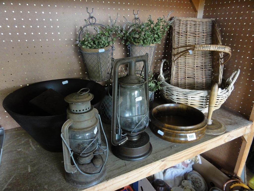 Appraisal: Two wicker baskets four plant pots in wirework baskets two