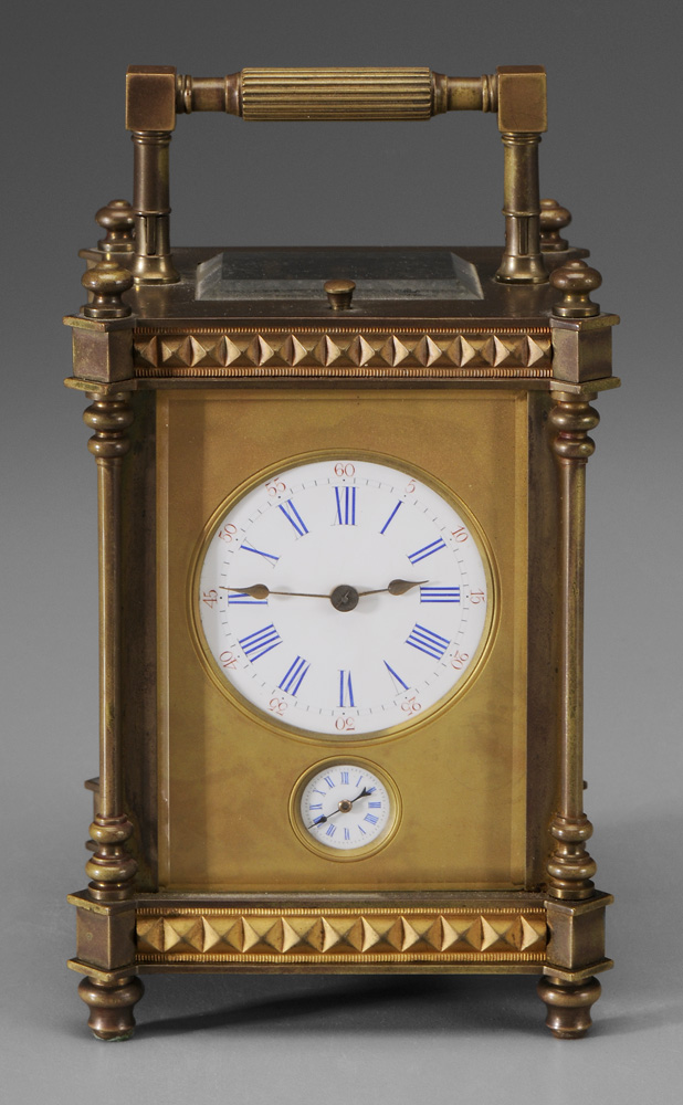 Appraisal: French Carriage Clock early th century brass case with pyramid