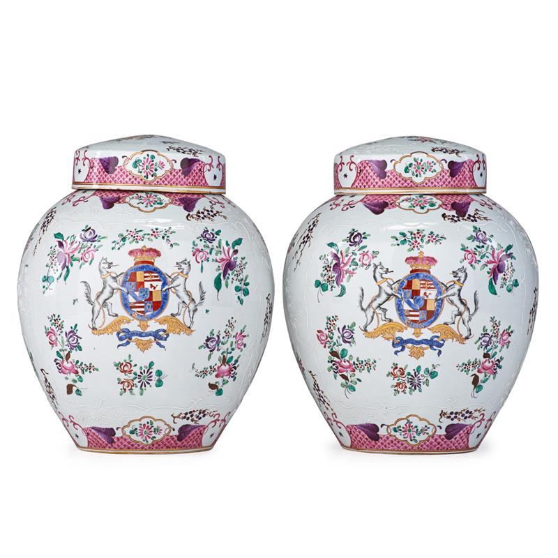 Appraisal: PAIR OF SAMSON PORCELAIN GINGER JARS Covered jars with central