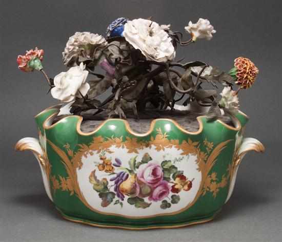 Appraisal: French floral painted porcelain jardiniere with inset painted metal and