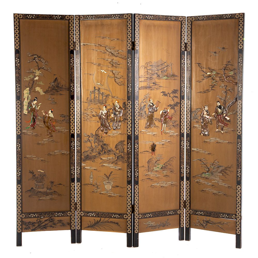 Appraisal: Chinese Hardstone Mounted Screen th century four panels of painted