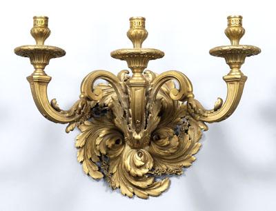 Appraisal: Monumental bronze dor eacute sconce three scrolled arms with extensive