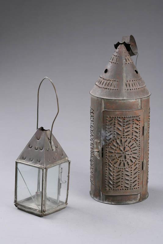 Appraisal: TWO LANTERNS American th century tin Punched lantern with ring