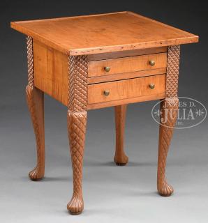 Appraisal: UNUSUAL EARLY AMERICAN FIGURAL MAPLE TWO-DRAWER TABLE IN THE MANNER