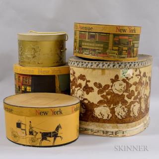 Appraisal: Five Decorated Hat Boxes th and th century one wallpapered