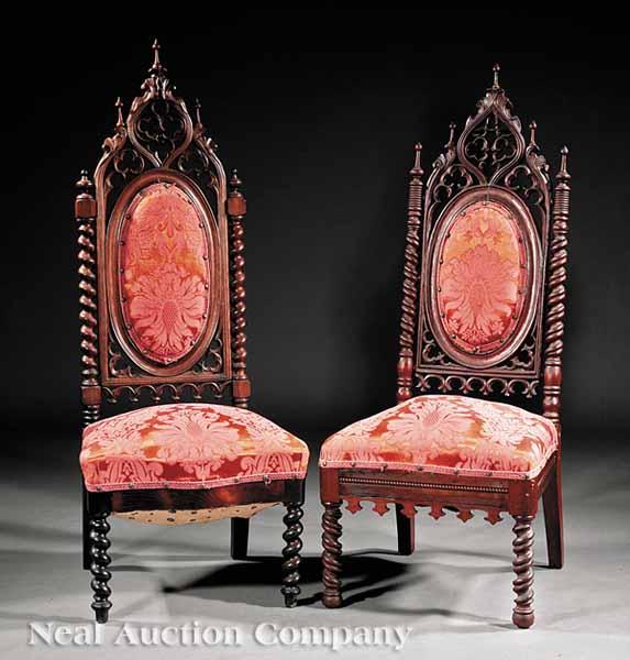 Appraisal: A Near Pair of American Gothic Carved Walnut Parlor Chairs