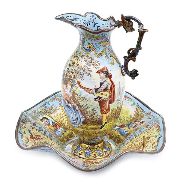 Appraisal: AN AUSTRIAN ENAMELLED MINIATURE EWER AND DISH TH CENTURY