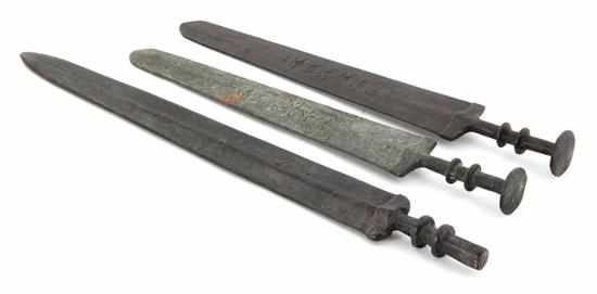 Appraisal: Chinese bronze ceremonial swords probably Qing dynasty consisting of two