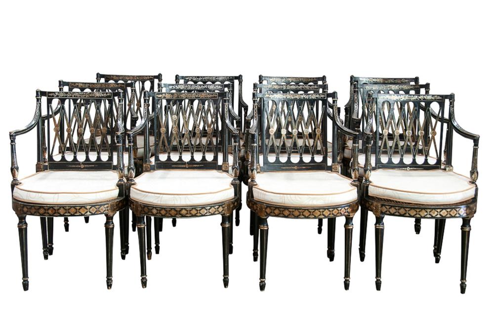 Appraisal: TWELVE PIERRE LOTTIER LACQUERED PAINTED ARMCHAIRScirca each with caned seat