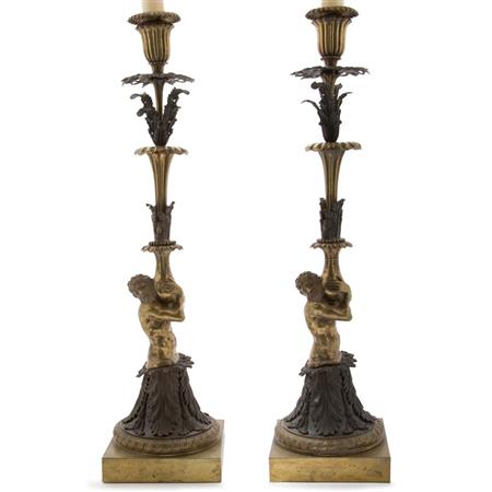 Appraisal: Pair of Continental Neoclassical Gilt and Patinated-Bronze Candlesticks Estimate -